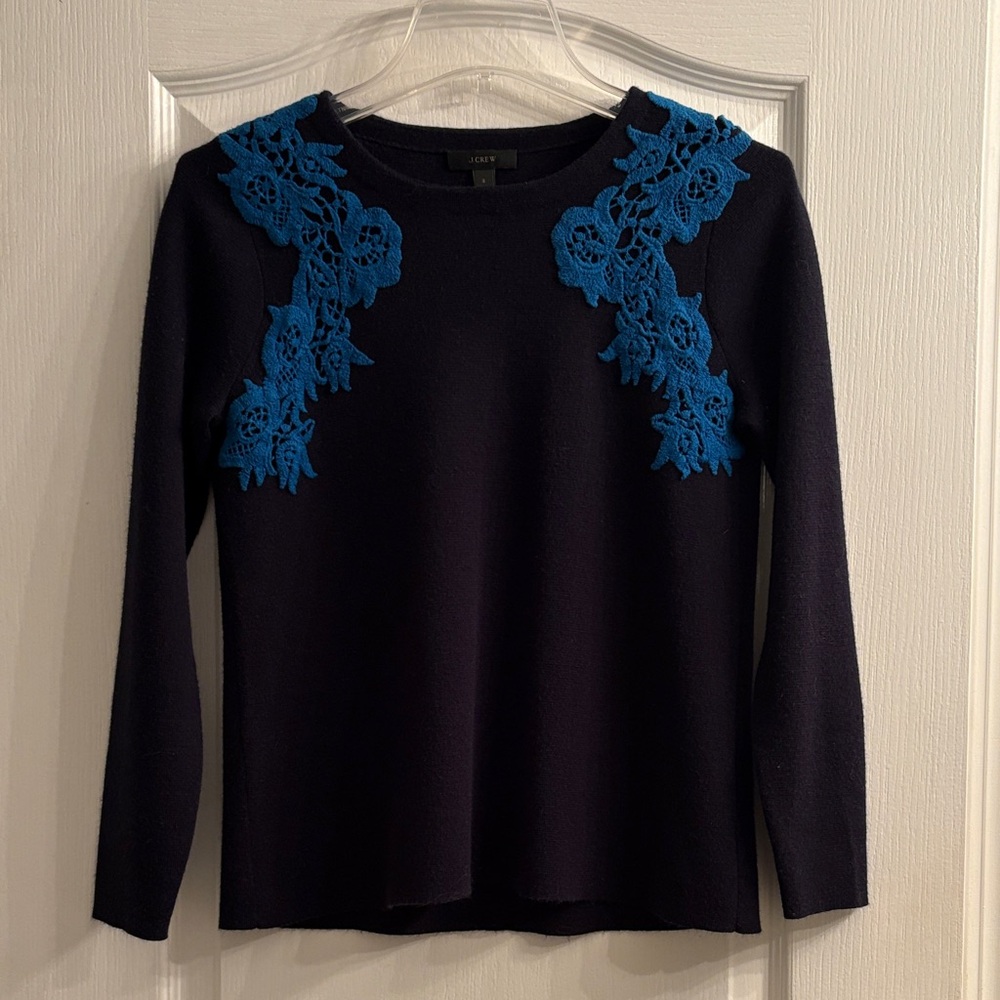 J Crew Navy Sweater with Crocheted Lace Accents size S